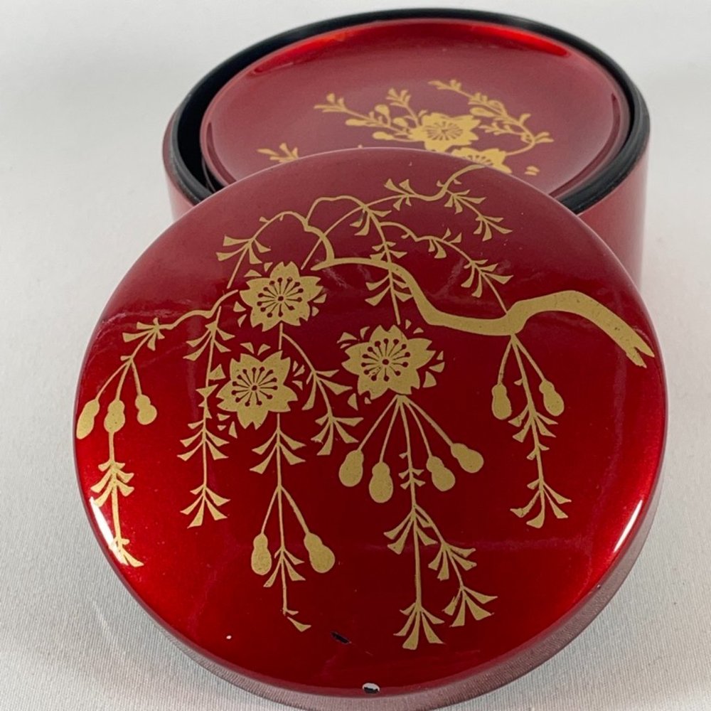 COASTER SET (Six) Vintage ASIAN LACQUERED in Cinnabar Red & Gold Floral Motif.
